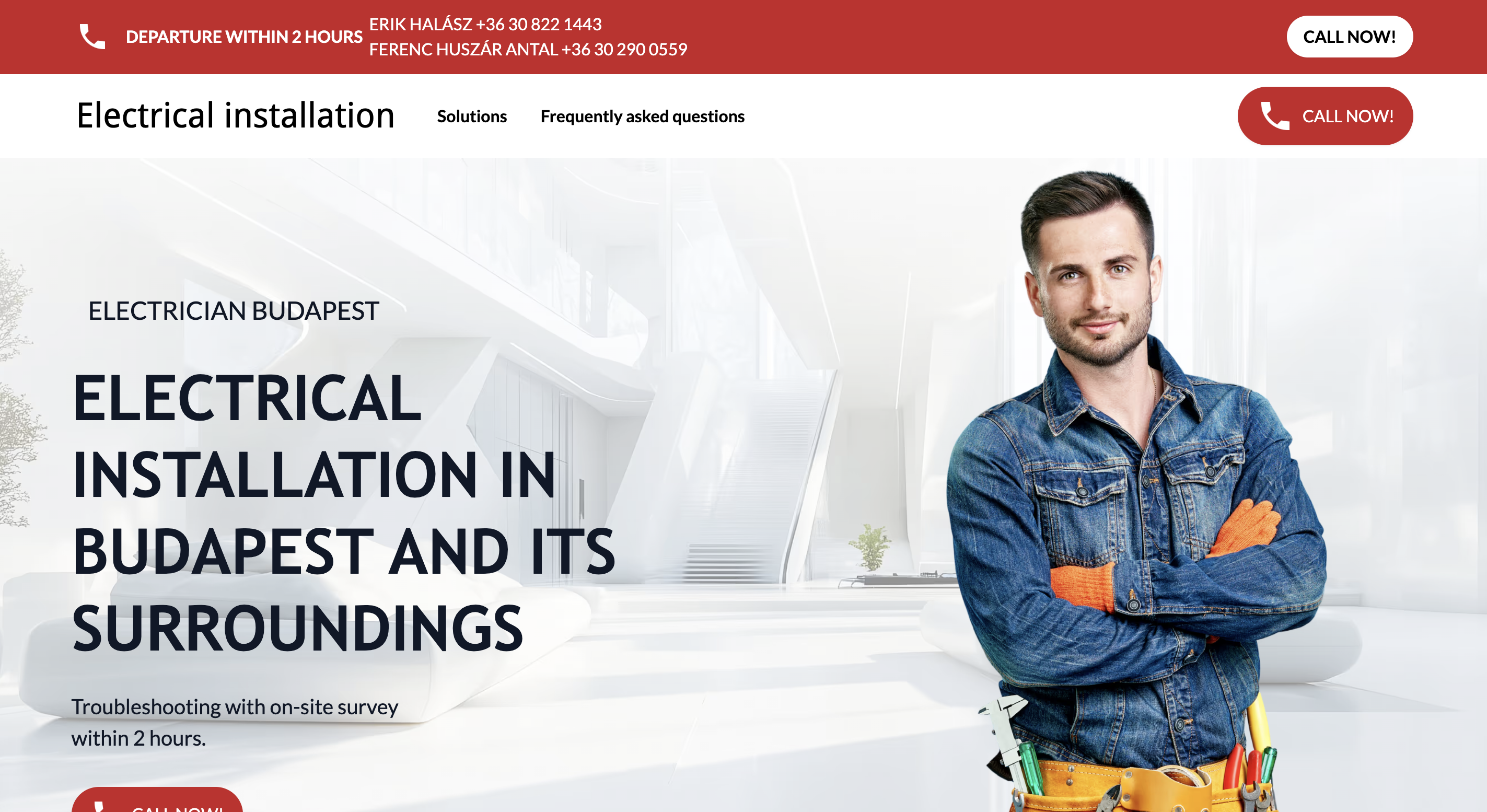 Confident electrician in a denim jacket with orange gloves and tool belt standing in a bright modern interior.