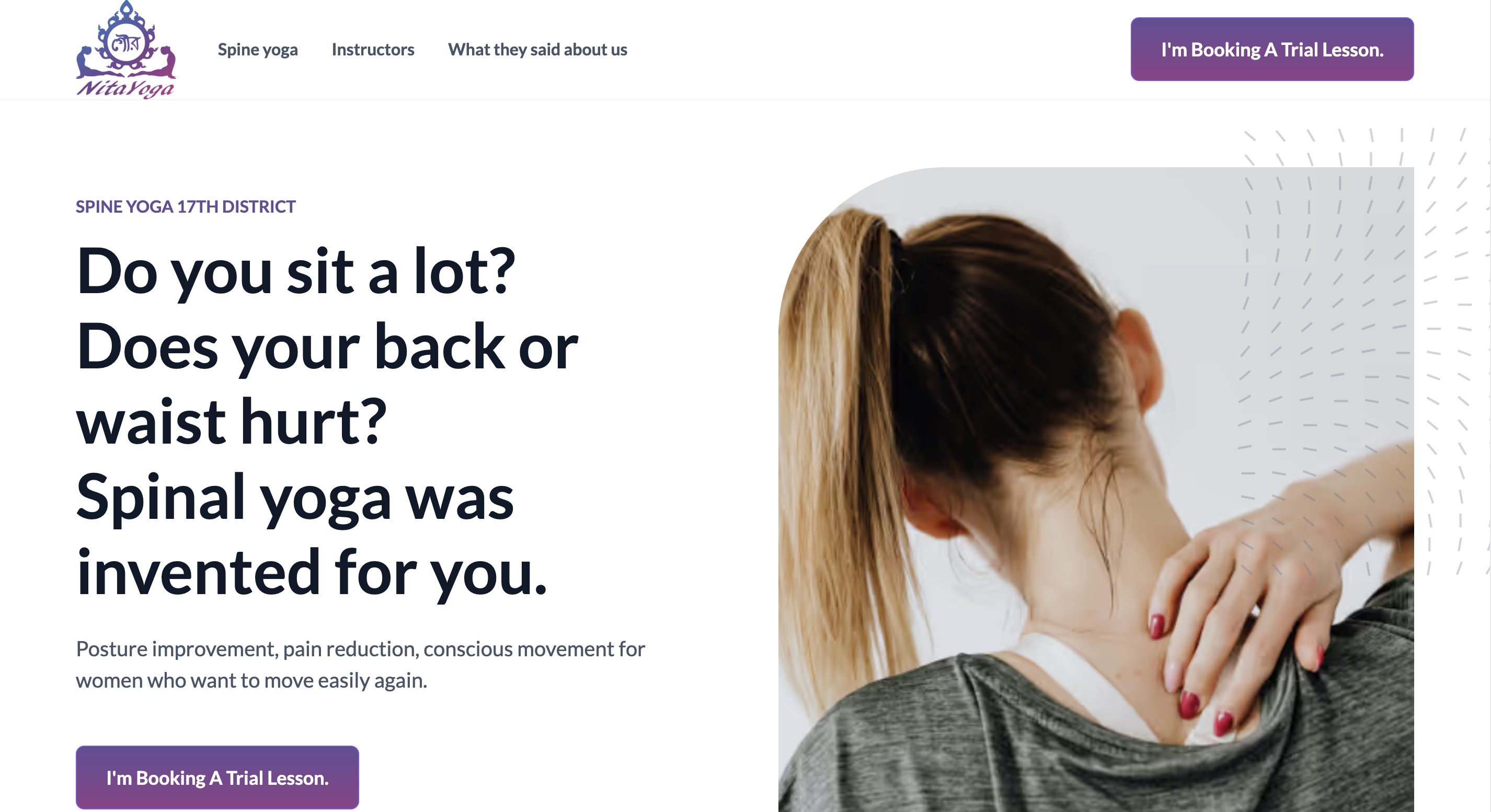 Woman with blonde hair in a ponytail touching her neck and upper back, highlighting back pain relief through spinal yoga.