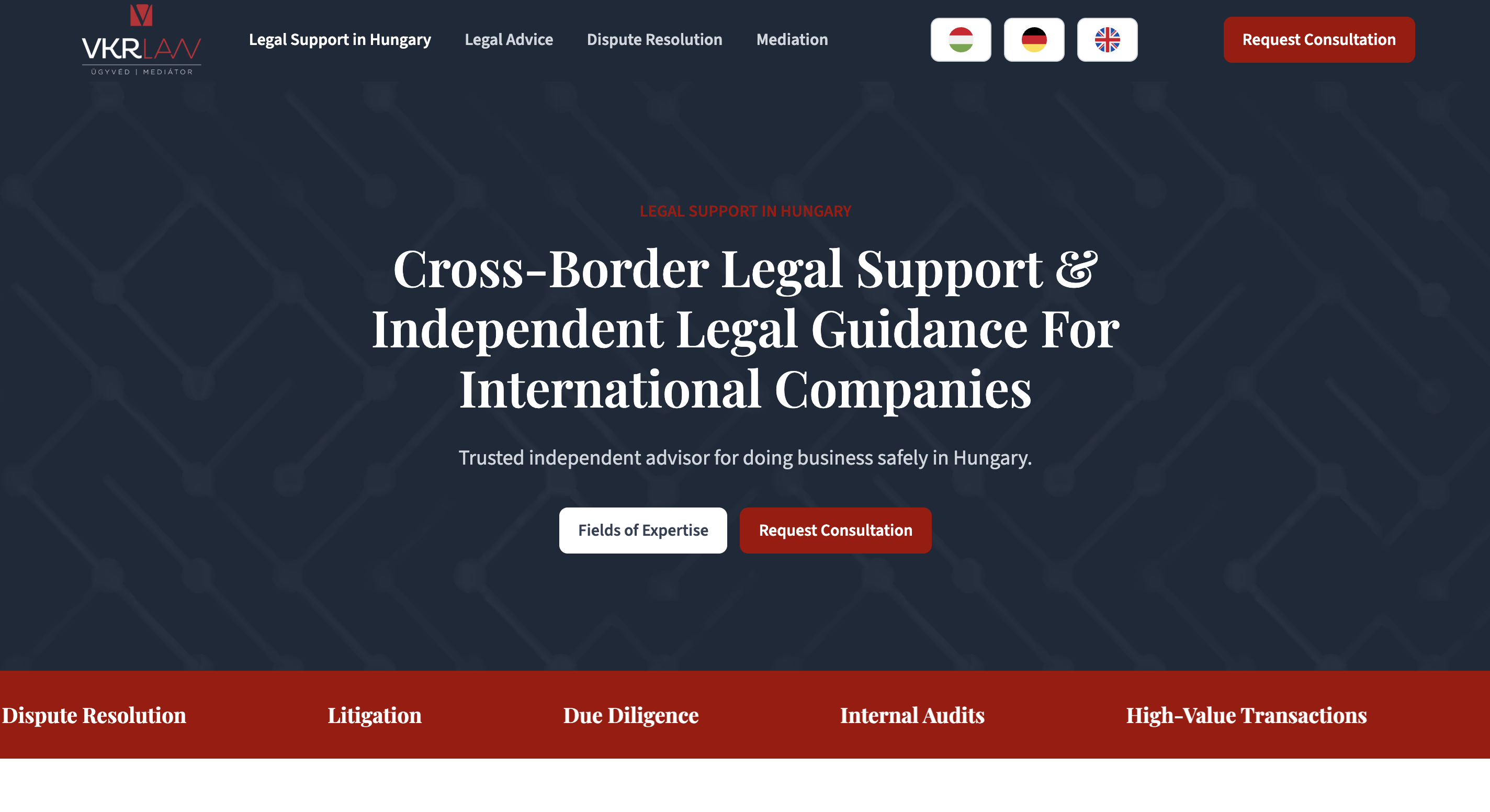 Website header for VKR LAW offering cross-border legal support and independent legal guidance for international companies in Hungary, with navigation links and request consultation buttons.