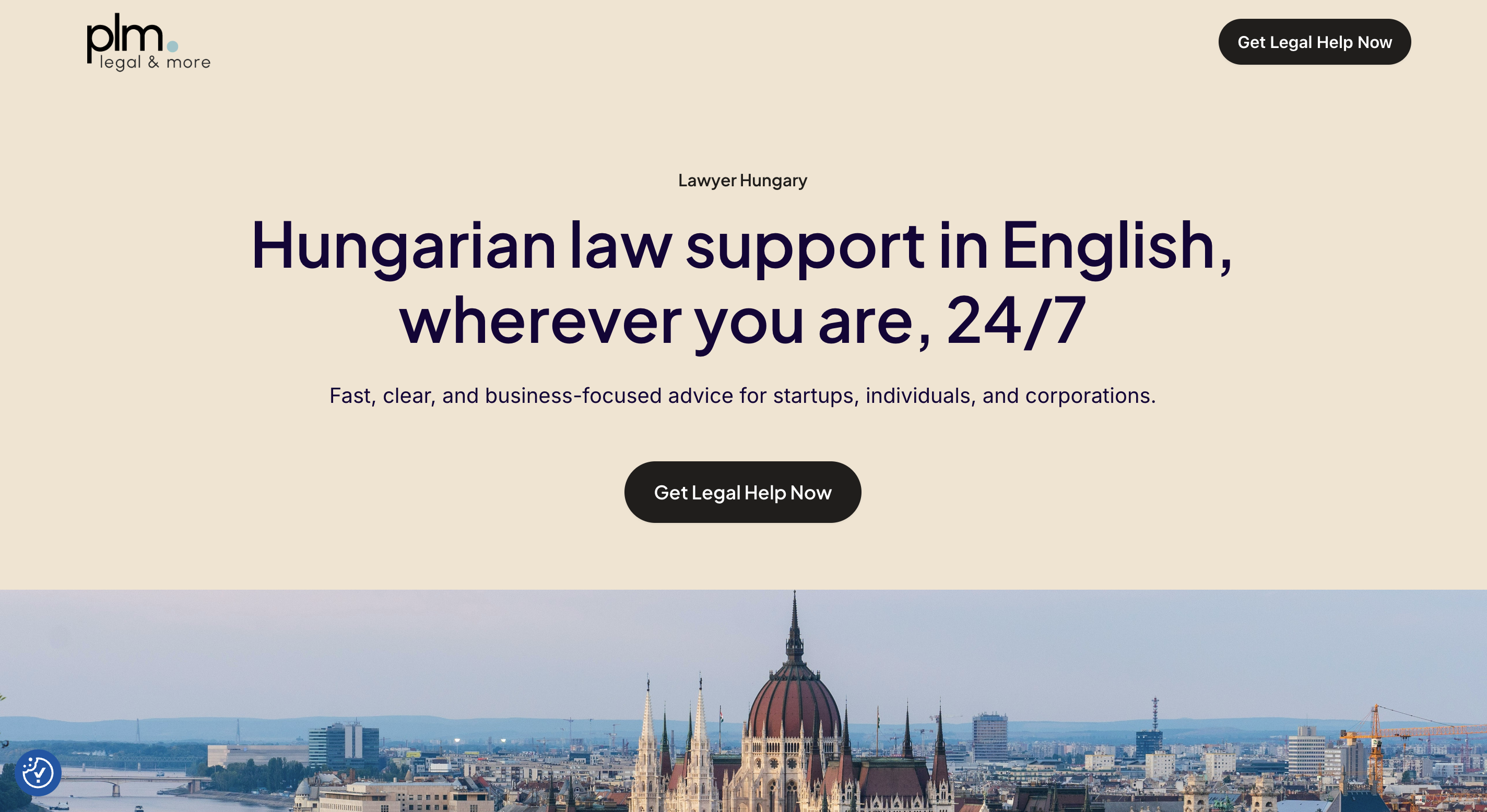 Website header offering Hungarian law support in English with buttons labeled Get Legal Help Now and a cityscape featuring the Hungarian Parliament building in the background.