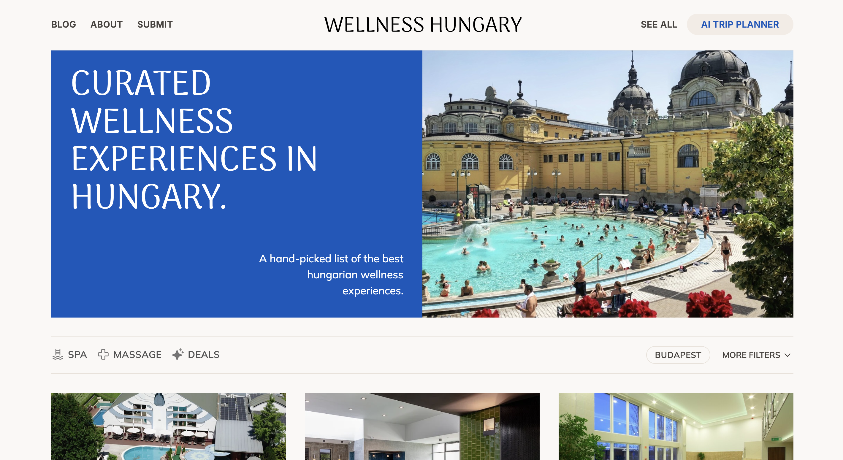 Wellness Hungary homepage showing curated wellness experiences with a photo of an outdoor thermal pool with people bathing and historic yellow buildings in the background.