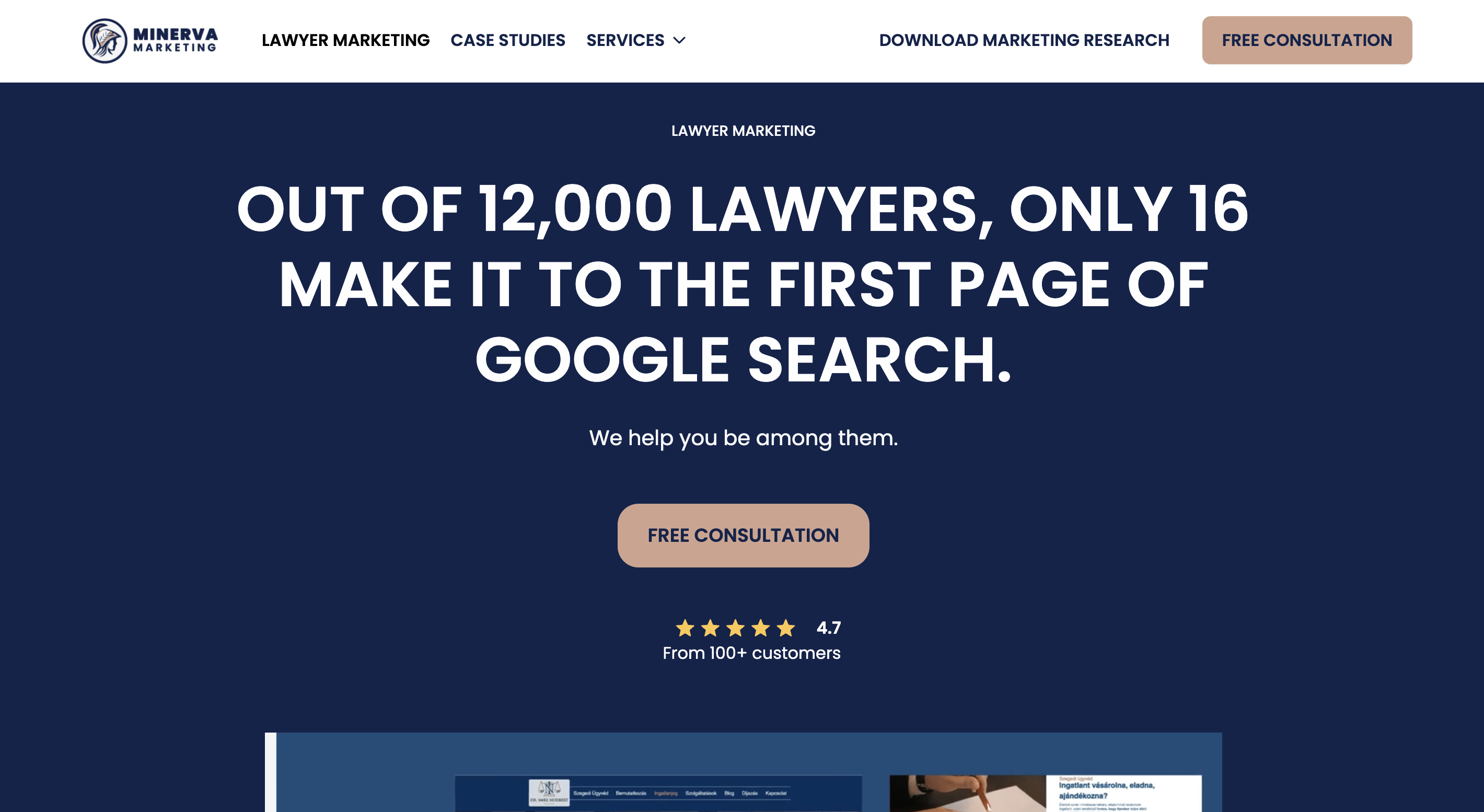 Website header for Minerva Marketing showing lawyer marketing slogan about 16 out of 12,000 lawyers reaching Google's first page with a free consultation button and customer rating of 4.7 stars.